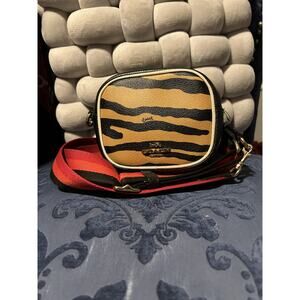 Coach Tiger Print Mini Dempsey Camera Bag with Red Orange Black Web Strap